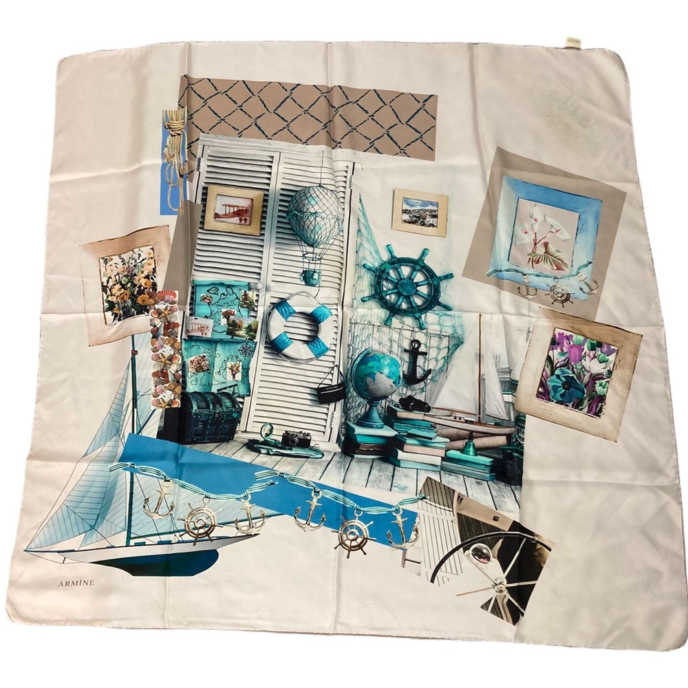 Armine Silk scarf Nautical Vacation Theme Hand Rolled edges Oversized white blue
